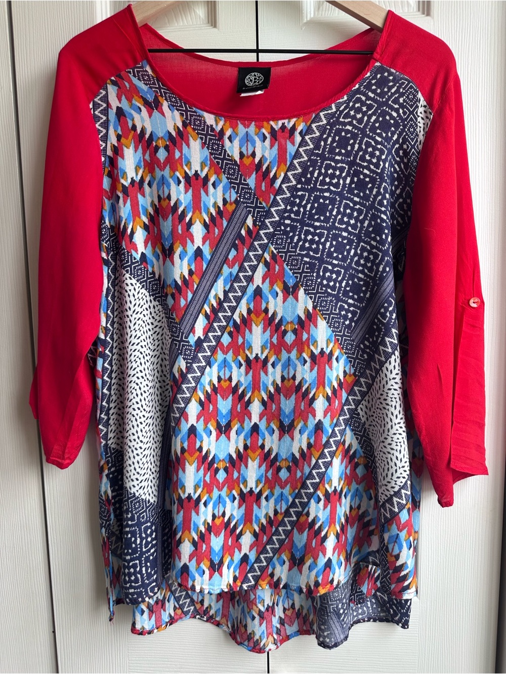 bobeau Red Multi-Pattern Geometric Raglan Blouse